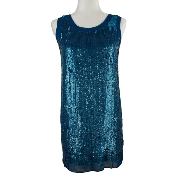 Shoshanna Womens 2 Leandra Mini Dress 100% Silk Turquoise Blue Sequin Party Sexy - Picture 2 of 11